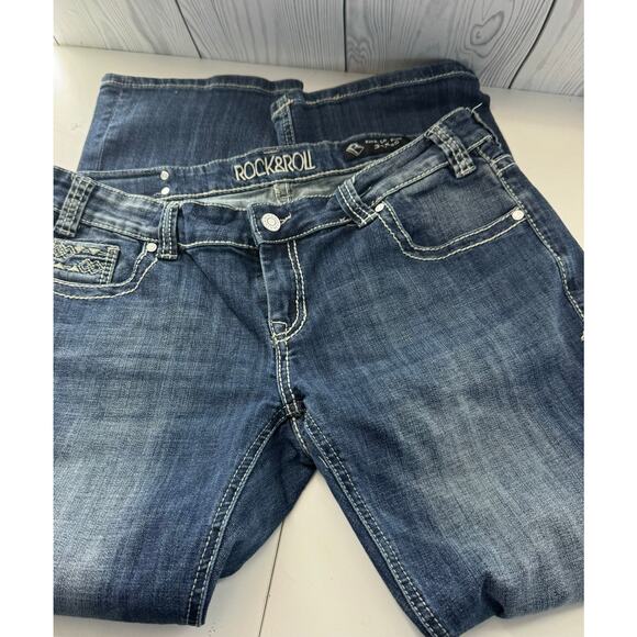 Rock & Roll Cowgirl Jeans Women's 34x30 Low Rise Bootcut Blue Stretch Denim Y2K - Picture 1 of 9